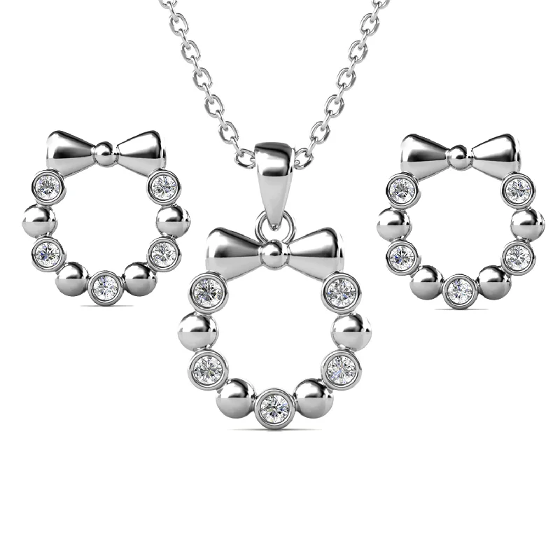 Luxury Beaded Necklace-Edith 18k White Gold Plated Silver Ribbon Necklace and Earring Set with Swarovski Crystals