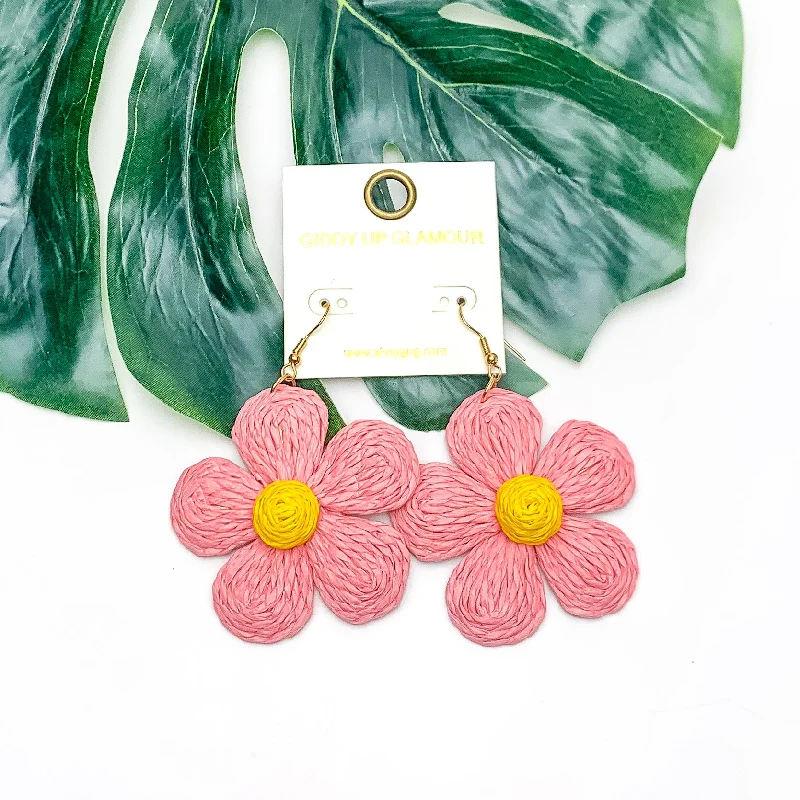 Gemstone Earrings for Brides-Darling Daisy Raffia Wrapped Flower Earrings in Pink