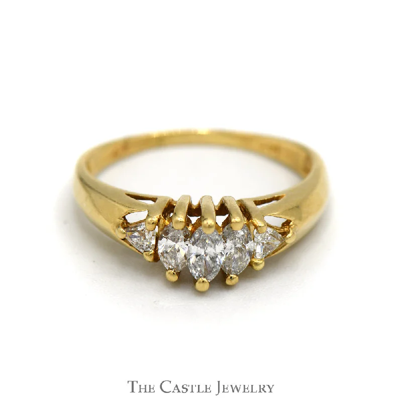 Elegant Wedding Ring with Sapphires-Marquise 3 Diamond Ring with Trillion Accents in 14K Yellow Gold