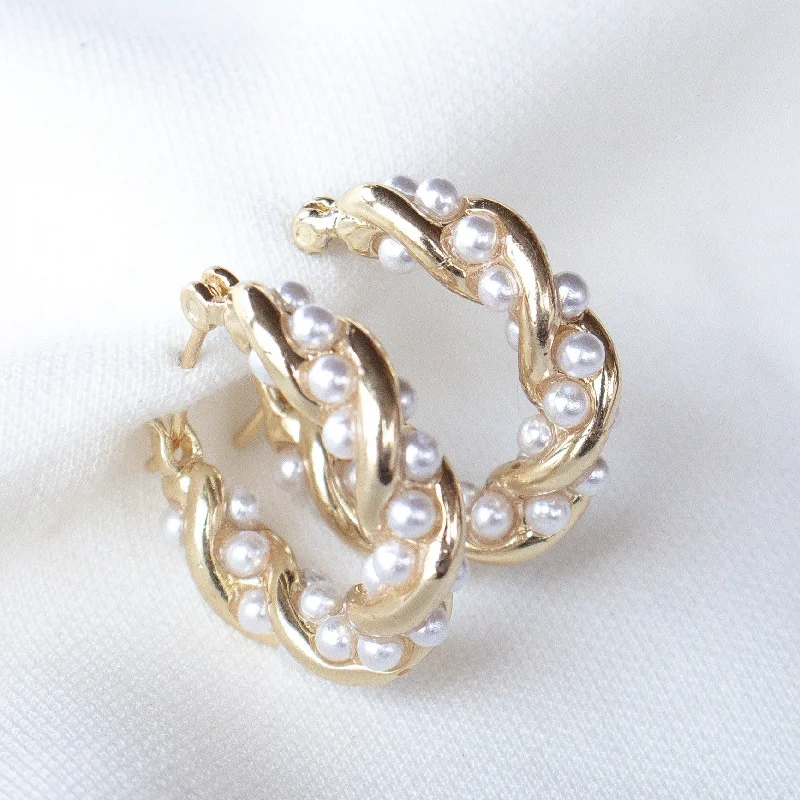 Handmade Gold Earrings-Kinsey Designs | Audrey Twisted Gold Tone and Pearl Hoop Earrings