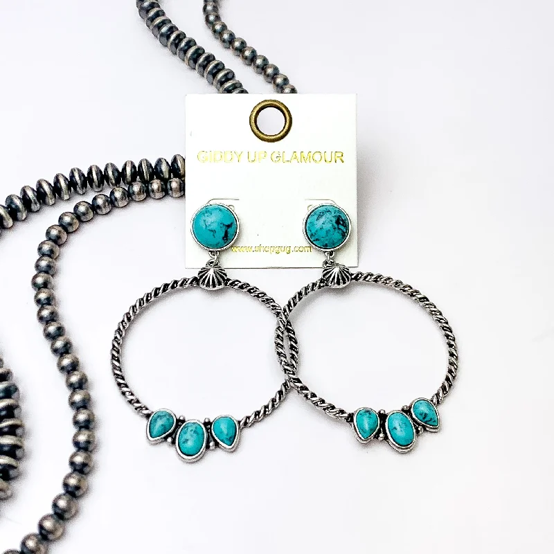 Gemstone Hoop Earrings-Western Moment Silver Tone Hoop Earrings With Stones in Turquoise Blue