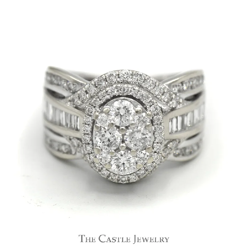 Diamond Engagement Ring-2cttw Oval Cluster Ring with Multiple Rows of Baguette & Round Diamond Accents