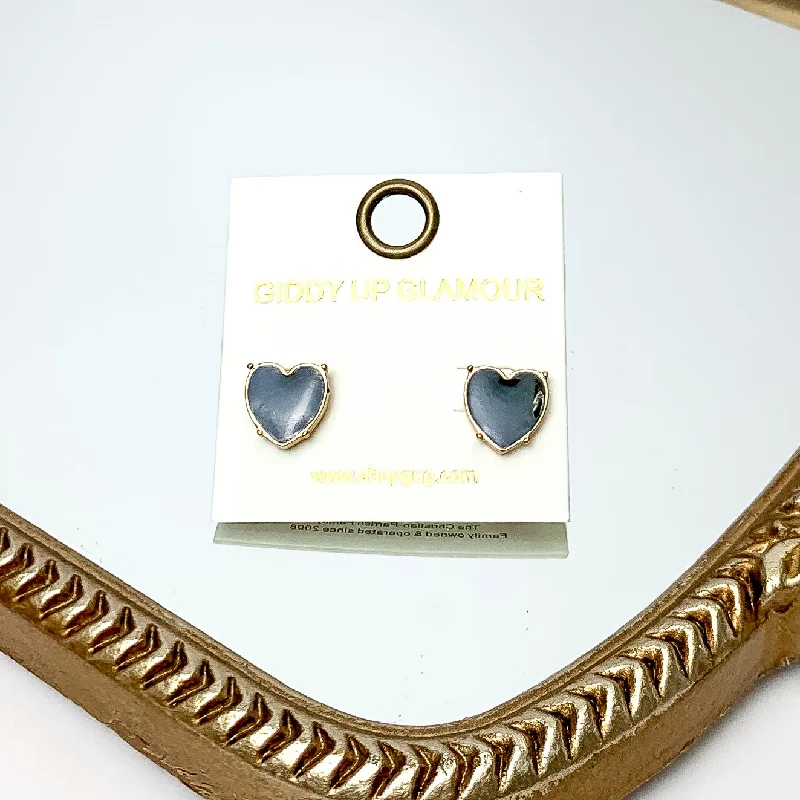 Customizable Earrings-Gold Tone Heart Stud Earrings in Black