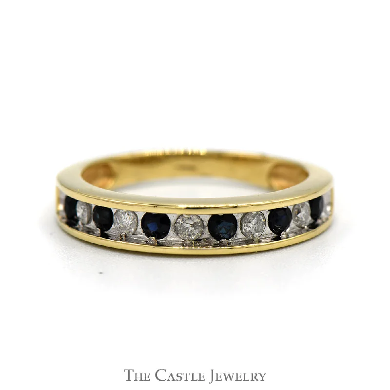 Elegant Silver Ring for Women-Alternating Diamond & Sapphire Wedding Band in 10k Yellow Gold