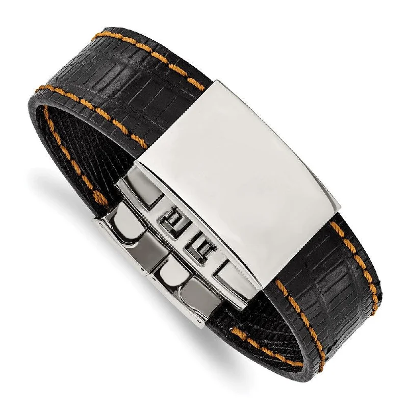 Men’s Silver Bracelet-Stainless Steel Shiny Polished Plate Black with Orange Stitching Bracelet