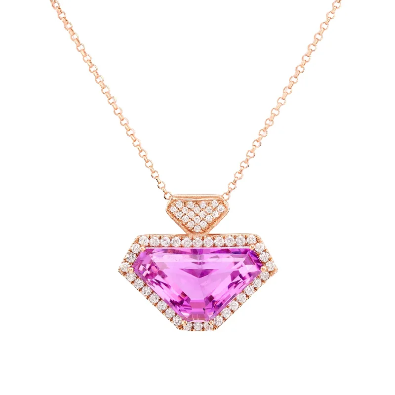 Simple Gold Necklace-Modern 15 Carat Kunzite Diamond 14K Rose Gold Necklace