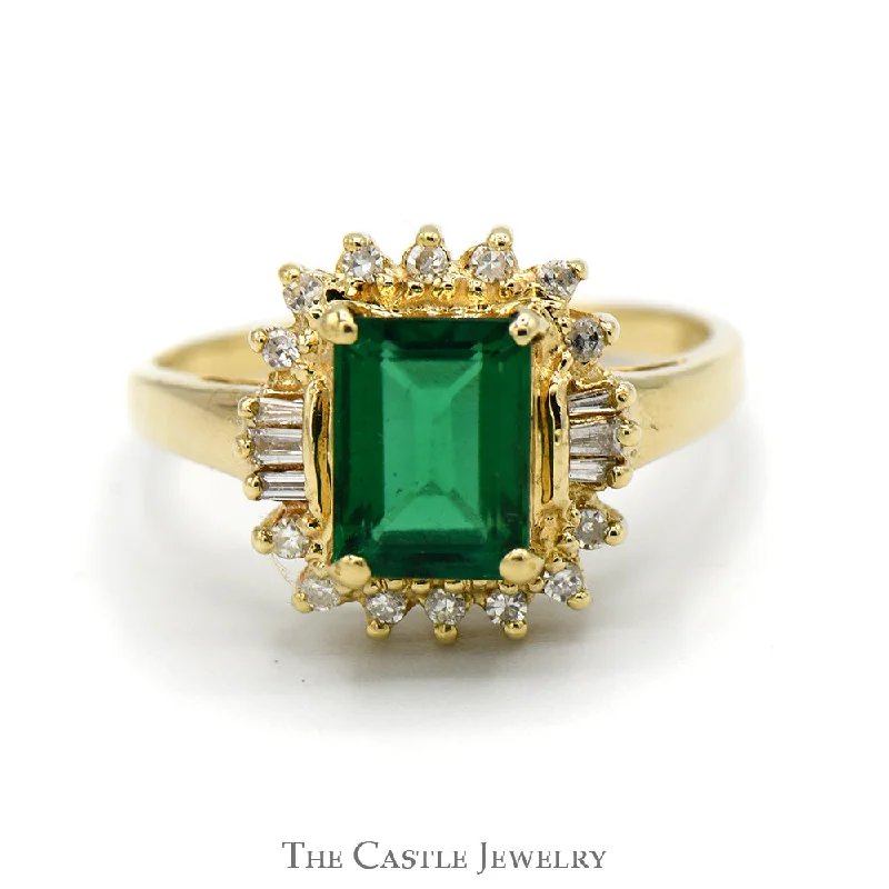 Stackable Engagement Rings-Emerald Cut Emerald Ring with Round and Baguette Diamond Halo in 14k Yellow Gold