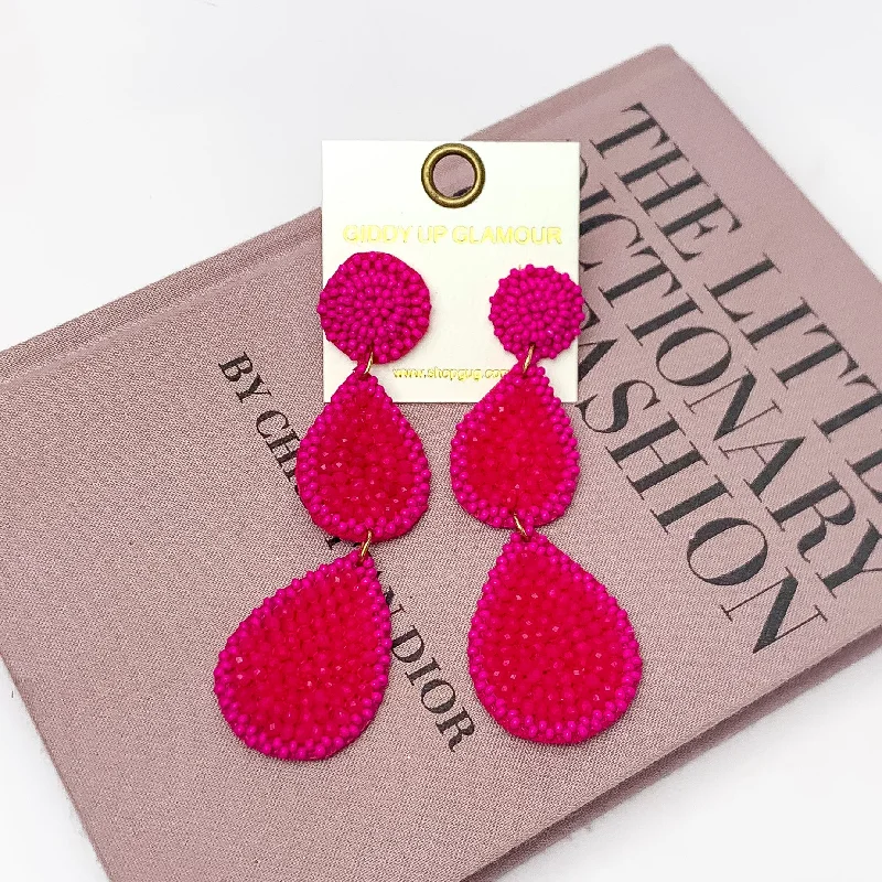 Silver Earrings with Crystals-Glass Seed Beaded Drop Earrings in Fuchsia Pink | ONLY 1 LEFT!