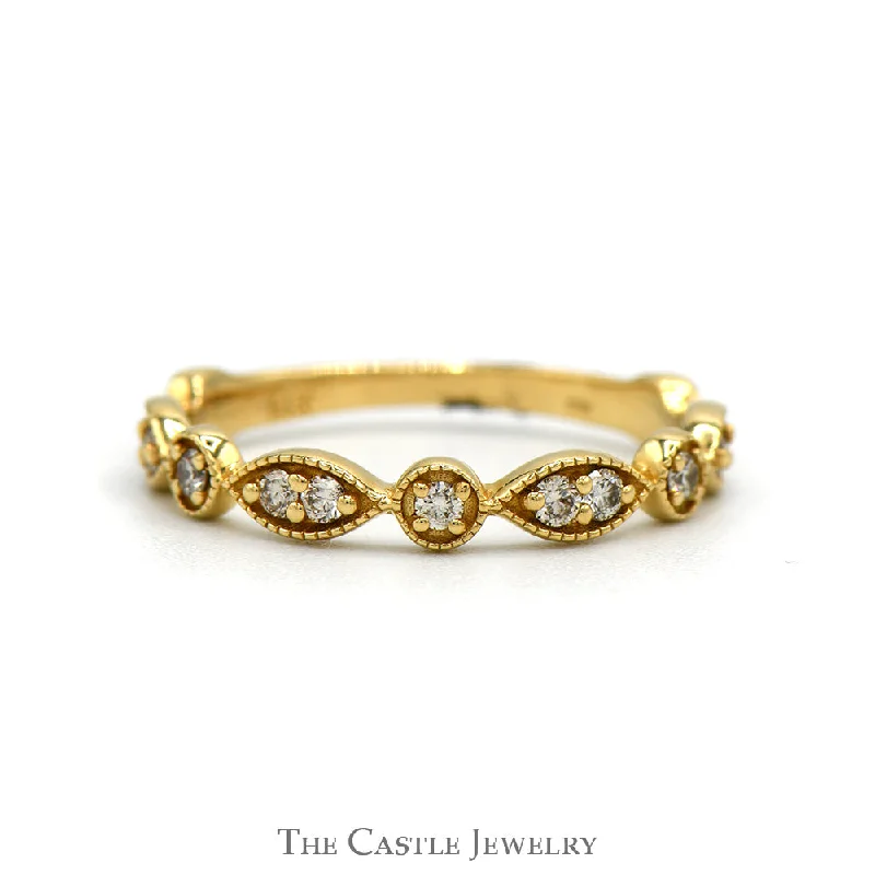 Elegant Wedding Band with Diamonds-Diamond Accented Stackable Band with Beaded Edges in 14k Yellow Gold