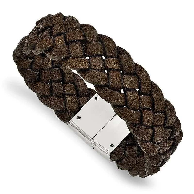 Men’s Beaded Bracelet-Stainless Steel Polished Woven Brown Leather Bracelet