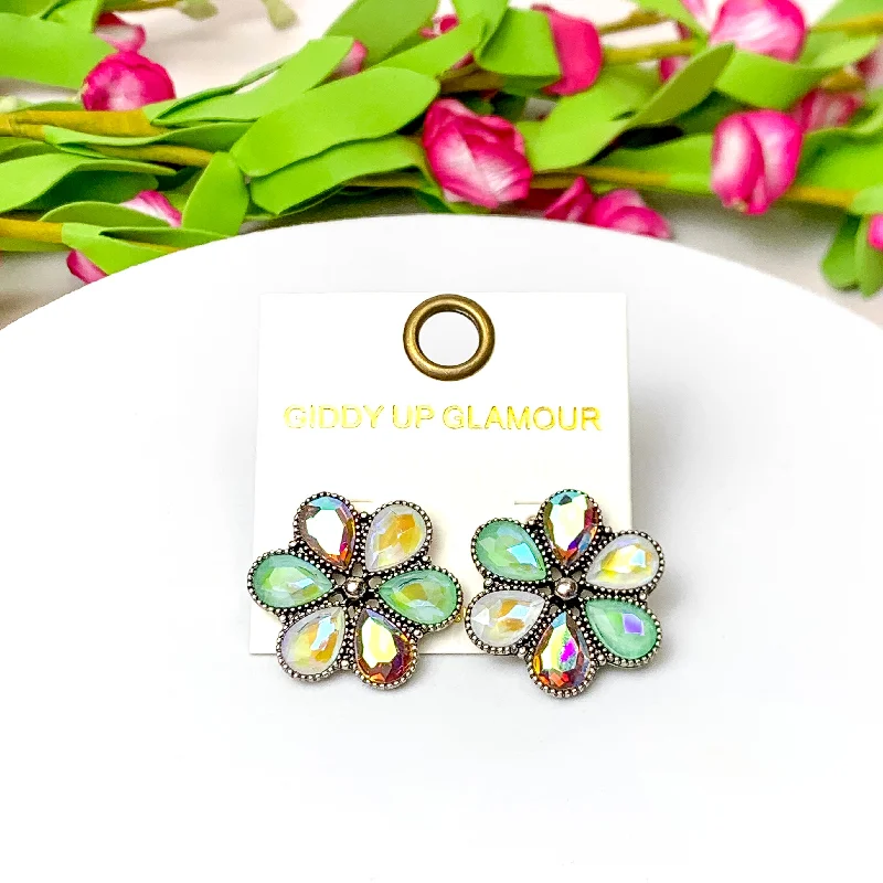 Designer Earrings for Special Occasions-Petal Perfection Silver Tone Flower Stud Earrings in Green and Ivory