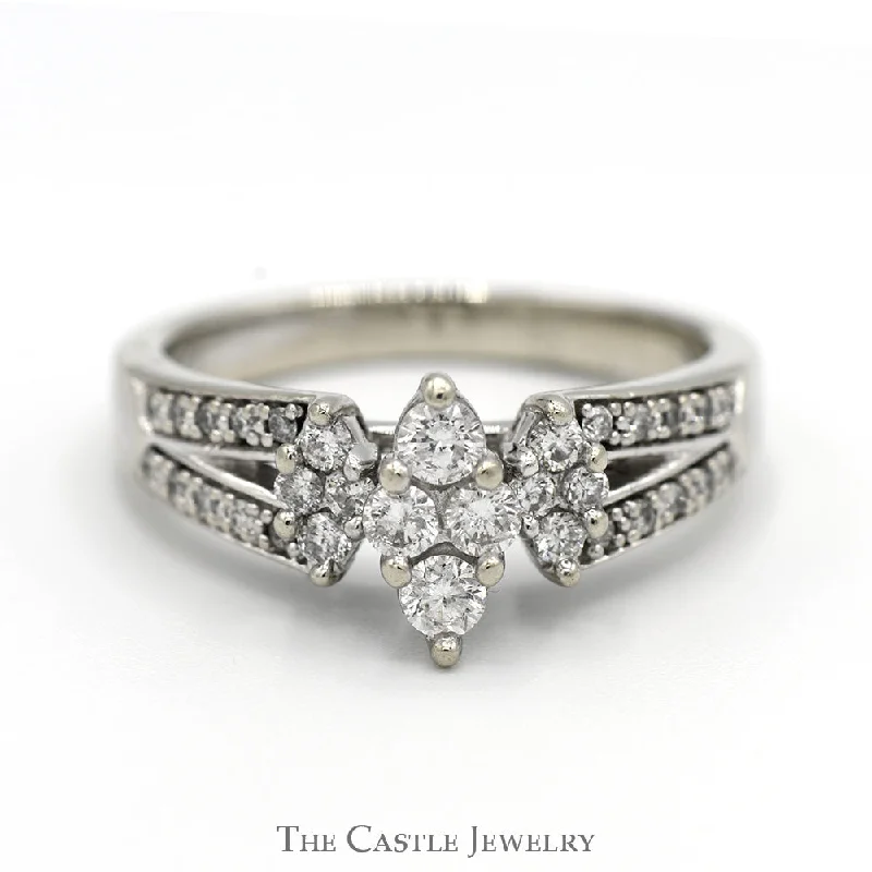 Custom Initial Ring-Marquise Shaped Triple Diamond Cluster Ring with Diamond Accented Split Shank Sides in 10k White Gold