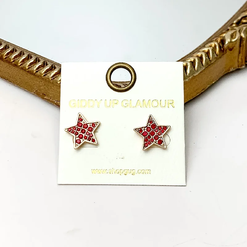 Designer Diamond Earrings-Star Maroon Crystal Stud Earrings in Gold Tone