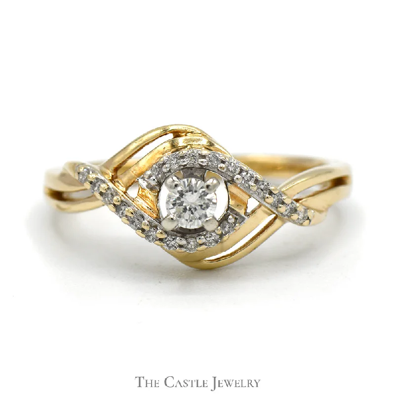 Custom Rose Gold Ring-Round Diamond Ring with Swirled Diamond Accents in 10k Yellow Gold Open Crossover Setting