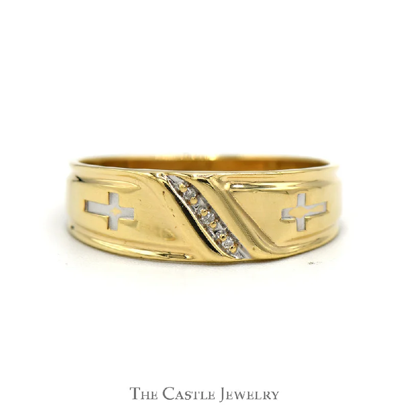 Modern Silver Wedding Band-Gent's Diamond Wedding Band With Cross Design .01 CTTW 10KT Yellow And White Gold