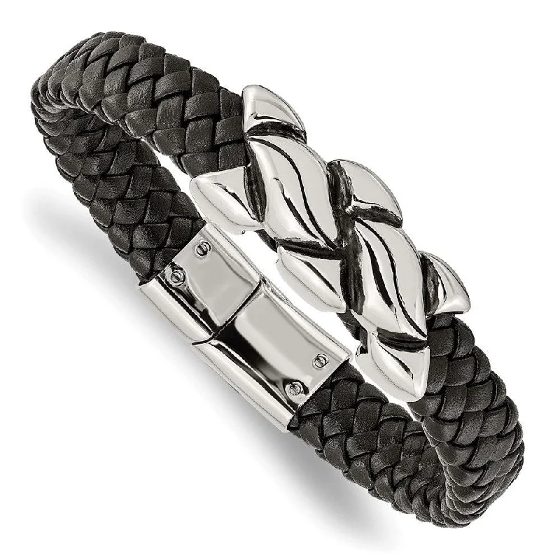 Trendy Men’s Beaded Bracelet-Stainless Steel Antiqued Black Leather Bracelet