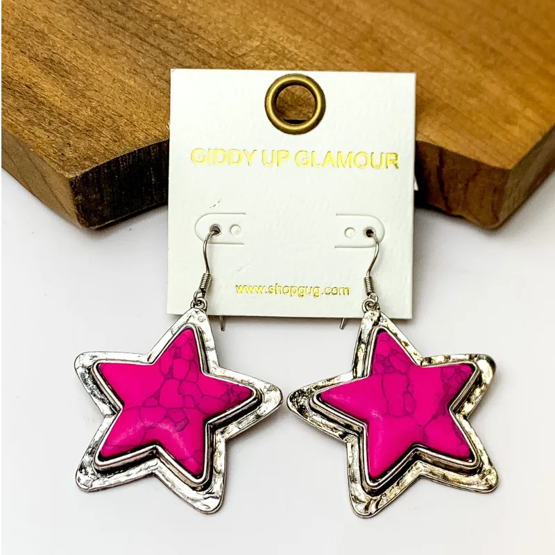 Custom Earrings for Bridesmaids-Pink Marbled Star Earrings with Silver Tone Trim