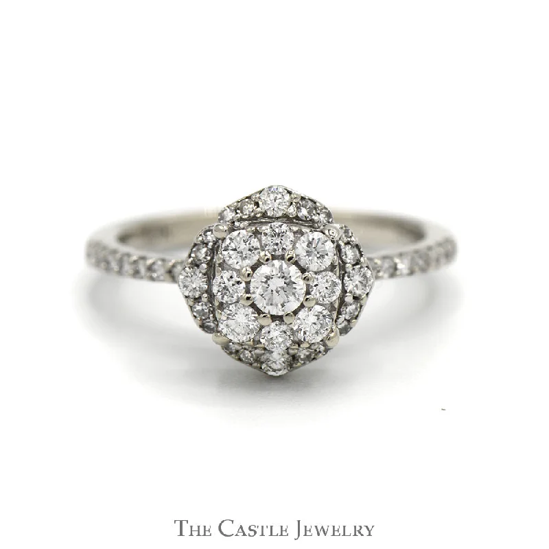 Beautiful Diamond Ring-1/2cttw Round Diamond Cluster Engagement Ring with Diamond Accented Sides & Halo in 10k White Gold