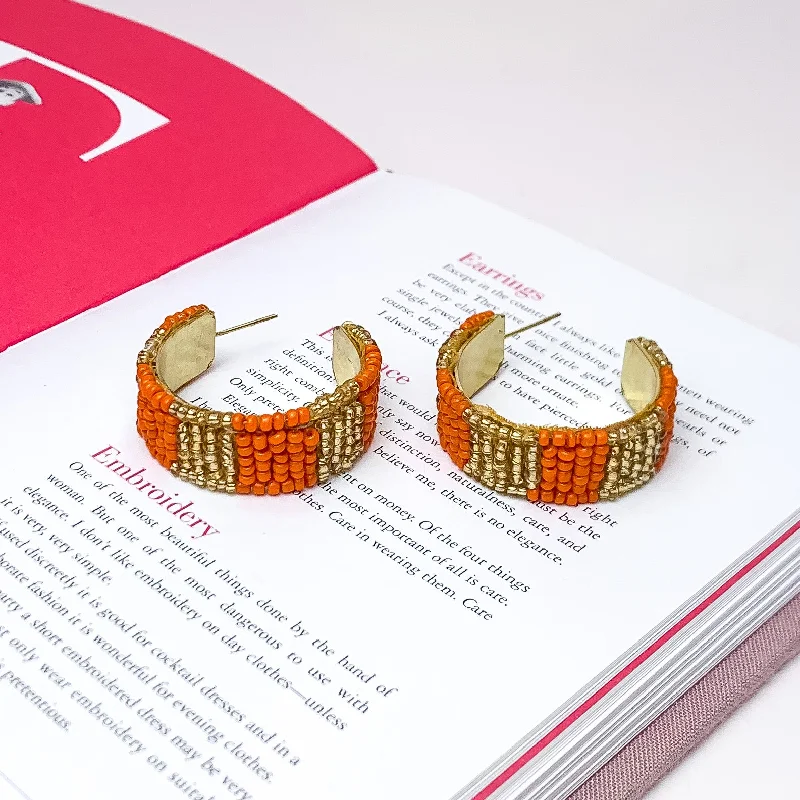 Fashion Earrings for Women-Vacay Era Gold Tone Beaded Hoop Earrings in Orange