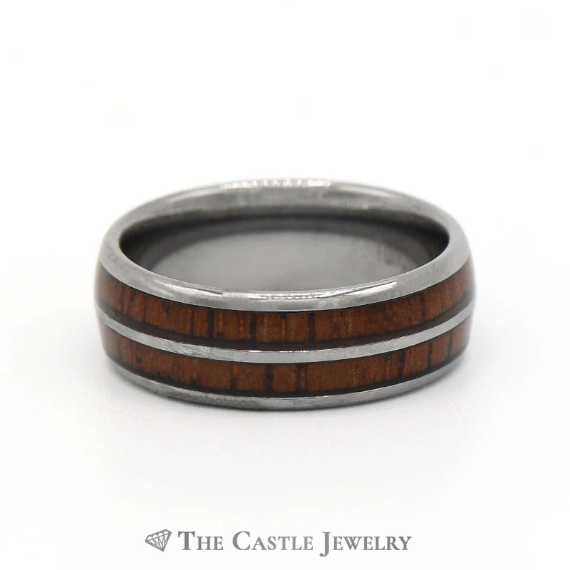 Handmade Wedding Ring-8mm Tungsten Wedding Band with Double Row of Bourbon Barrell Wood Design