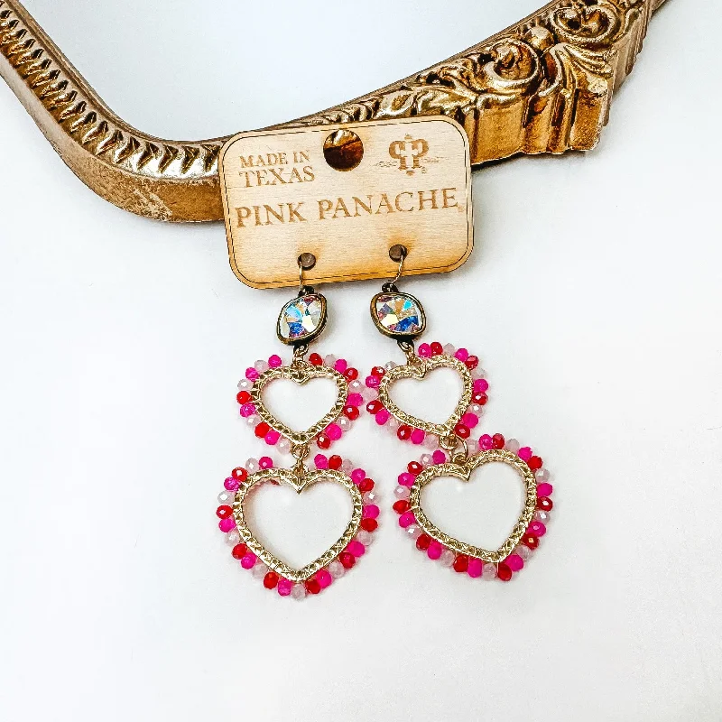 Minimalist Silver Earrings-Pink Panache | Gold Tone AB Crystal Double Heart Drop Earrings in Fuchsia Pink Mix