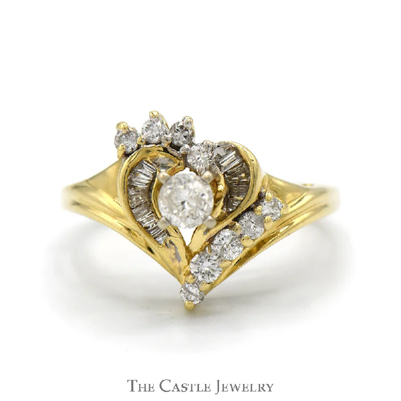 Modern Engagement Ring-Heart Shaped Round and Baguette Cut Diamond Cluster Ring in 14k Yellow Gold