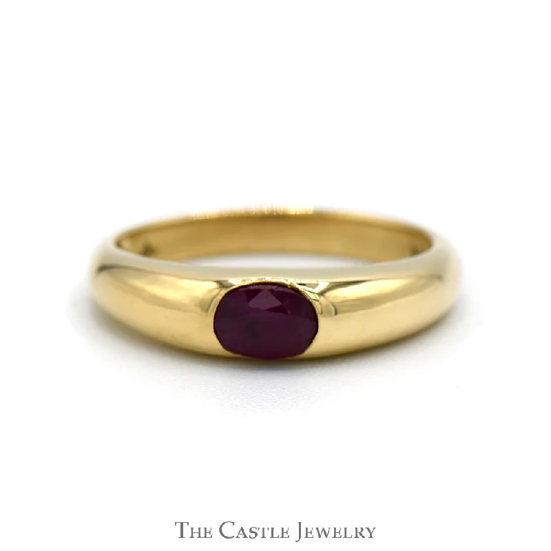 Platinum Diamond Ring-Bezel Set Oval Ruby Solitaire Ring in Polished 14k Yellow Gold