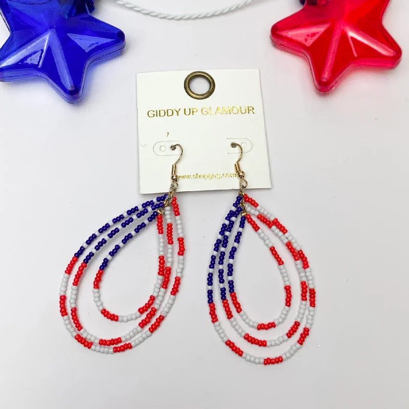 Gorgeous Diamond Earrings-Red, White, and Beads USA Triple Open Teardrop Earrings