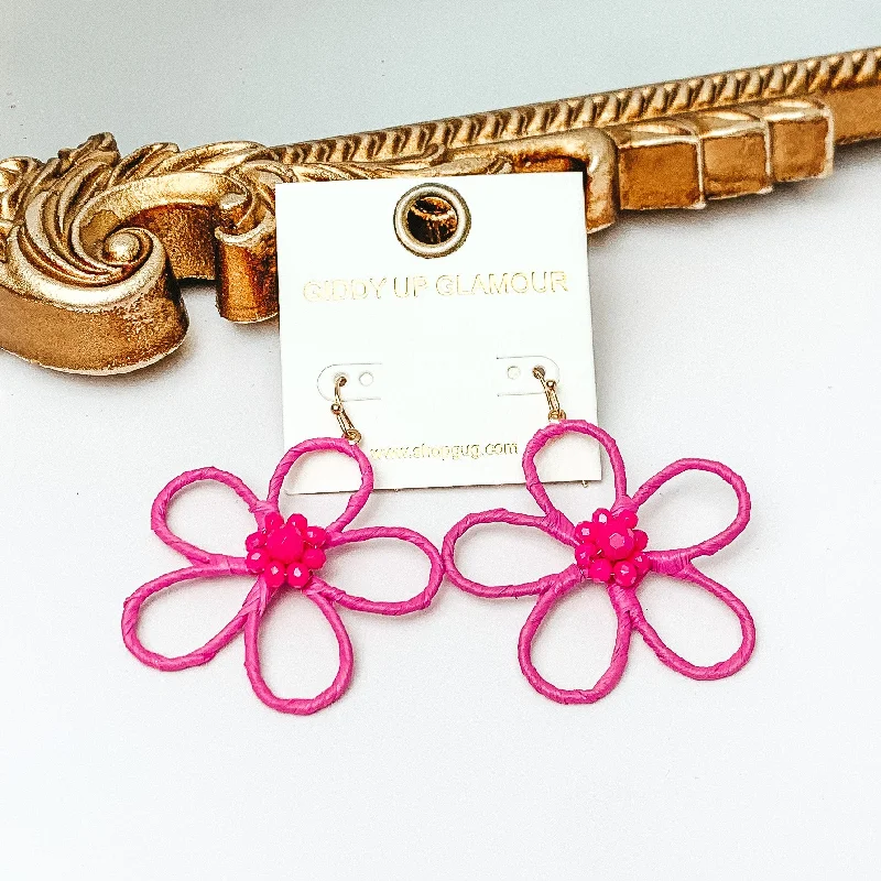 Birthstone Earrings for December-Daisy Delight Raffia Wrapped Flower Earrings with Crystal Center in Fuchsia Pink