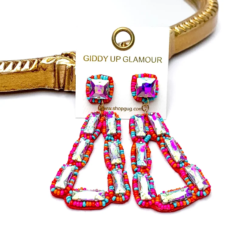 High-End Earrings for Weddings-Vibrant Vistas Triangular Seed Bead Drop Earrings with AB Stones in Red Multi Mix