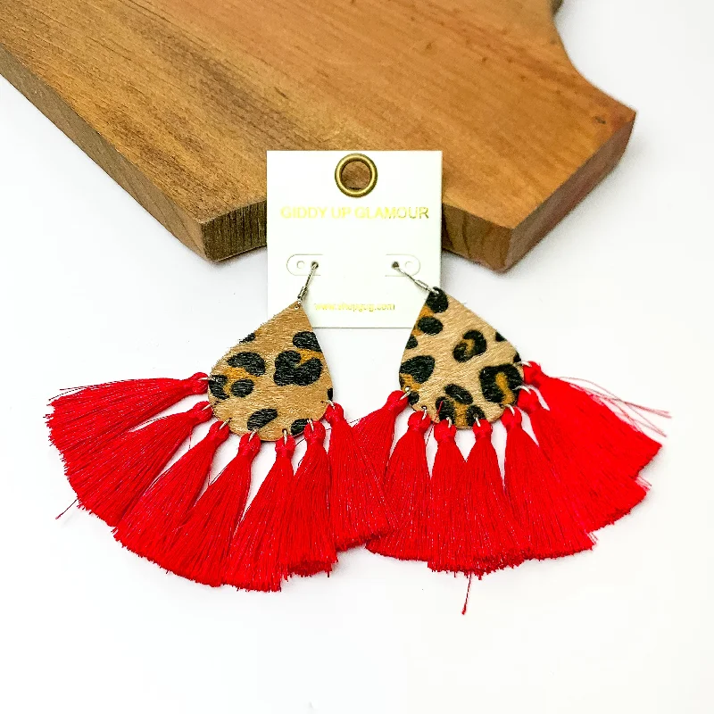 Diamond Stud Earrings-Leopard Teardrop Earrings with Tassel Trim in Red