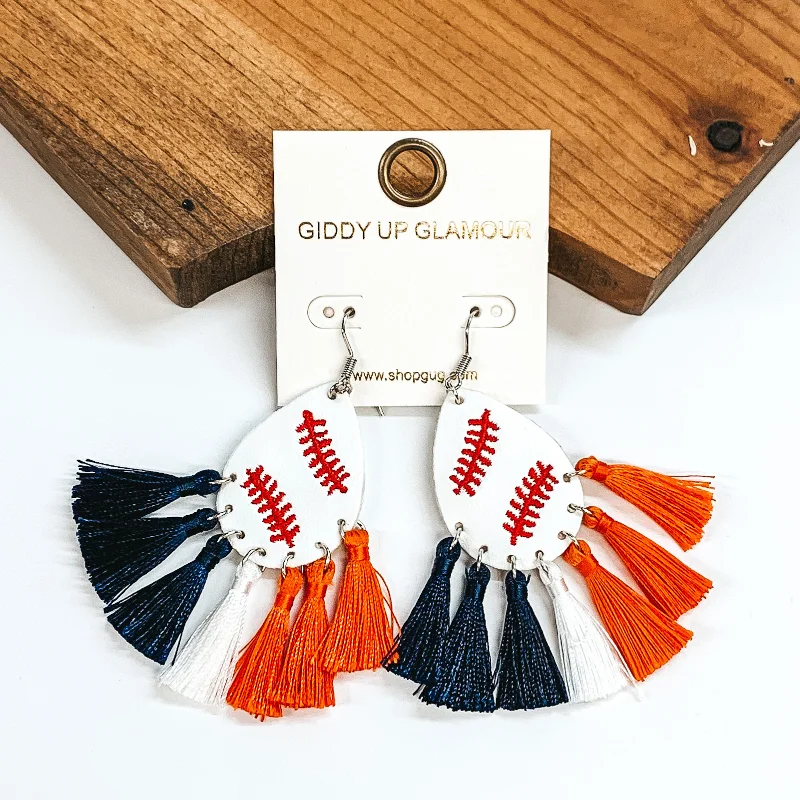 Classic Dangle Earrings-Teardrop Baseball Earrings with Navy, White, & Orange Tassels