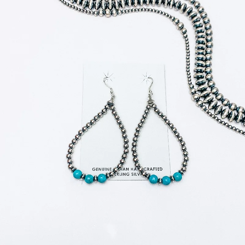 Elegant Gemstone Earrings-Mason Lee | Navajo Handmade Sterling Silver Navajo Pearl and Sleeping Beauty Turquoise Triple Stone Hand Strung Teardrop Earrings