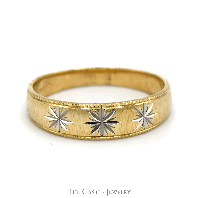 Rose Gold Wedding Ring-Two Tone Diamond Cut Triple Star Designed Band in 14k Gold