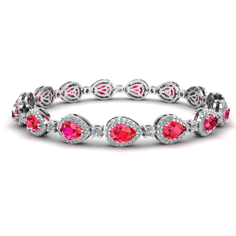 Personalized Silver Cuff Bracelet-Halo Pear Shape 9 Carat Ruby and Diamond Halo Bracelet BRHAPSR