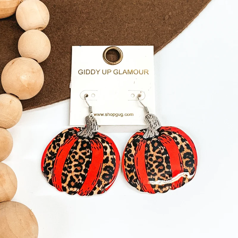 Antique Style Earrings-Pumpkin Metal Cutout Earrings in Leopard Print and Blood Orange