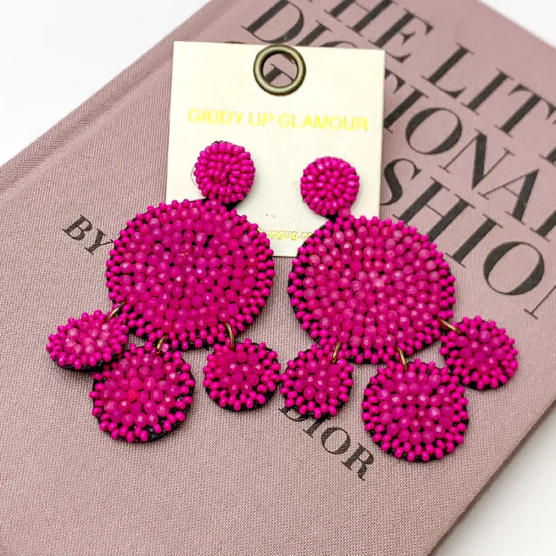 Rose Gold Earrings-Beaded Circle Drop Statement Earrings in Fuchsia Pink