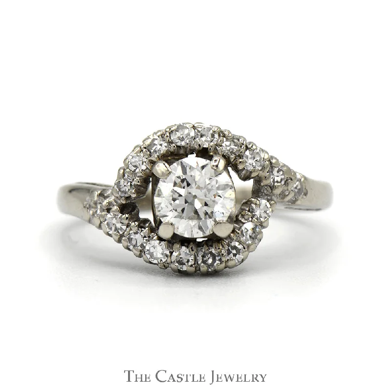 Classic Wedding Ring for Couples-1/2ct Old Mine Cut Diamond Ring with Diamond Accented Bypass Sides in 14k White Gold