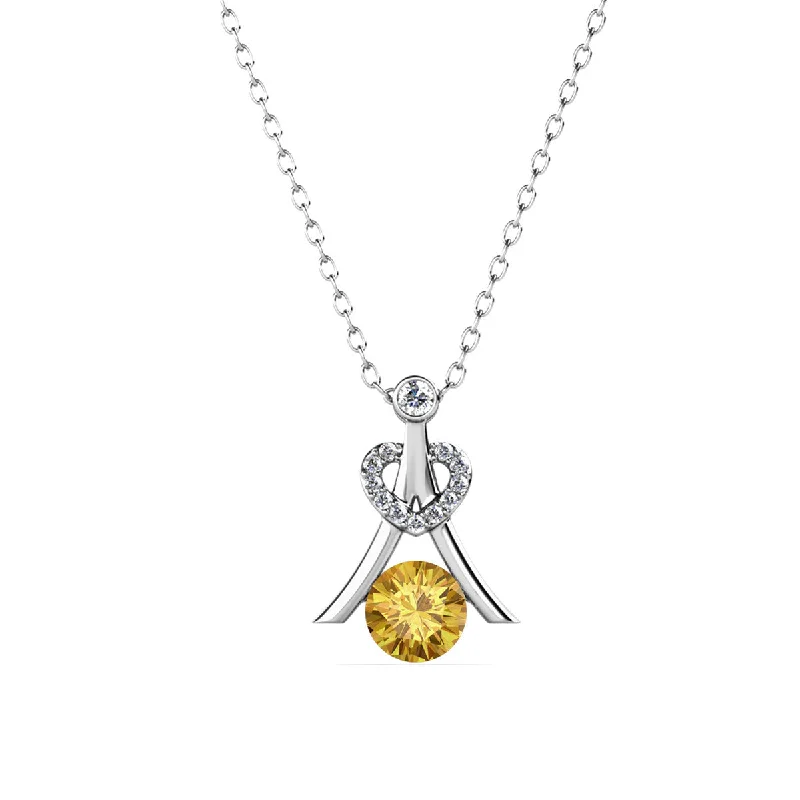 Fine Silver Necklace-Serenity November Birthstone Citrine Necklace, 18k White Gold Plated Silver Necklace with Round Cut Swarovski Crystals