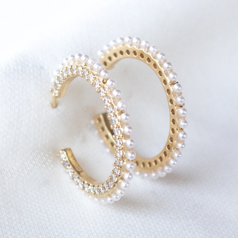 Trendy Earrings for Bridesmaids-Kinsey Designs | Whit Thin Gold Tone Hoop Earrings with Pearl and CZ Crystal Accented Border