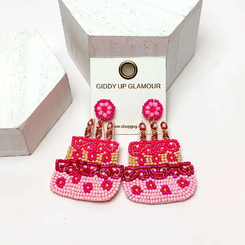 Unique Wedding Earrings-Birthday Cake Beaded Earrings in Hot Pink