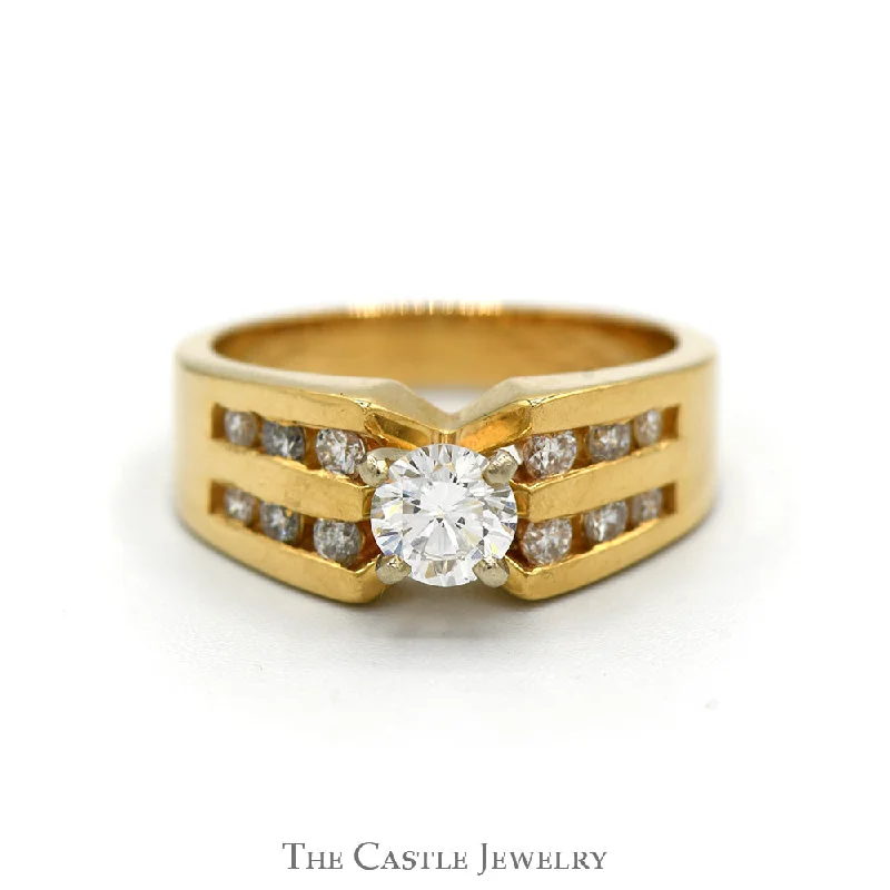 Gorgeous Wedding Ring Set-Round Diamond Solitaire Engagement Ring with Channel Set Diamond Sides in 14k Yellow Gold