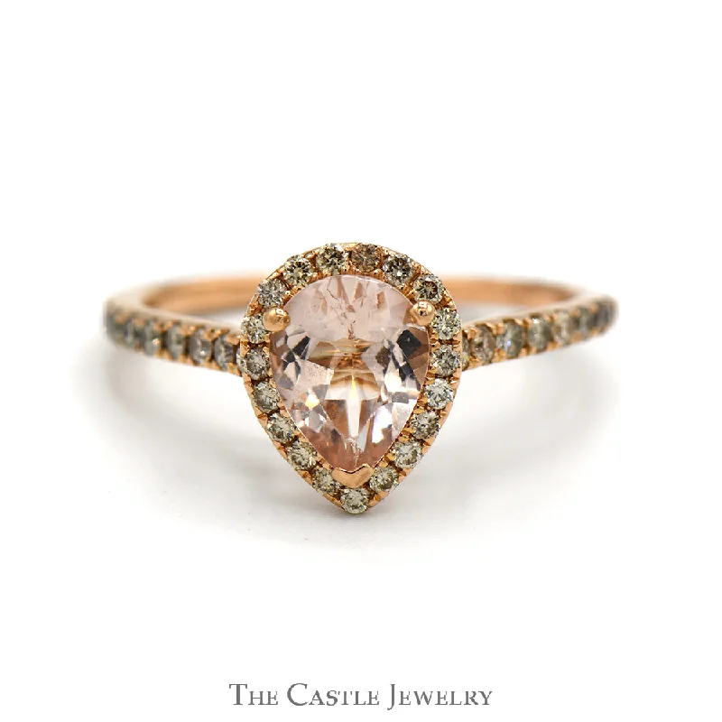 Fashionable Stackable Rings-Pear Cut Morganite Le Vian Designer Ring with Diamond Halo and Accented Sides in 14k Rose Gold