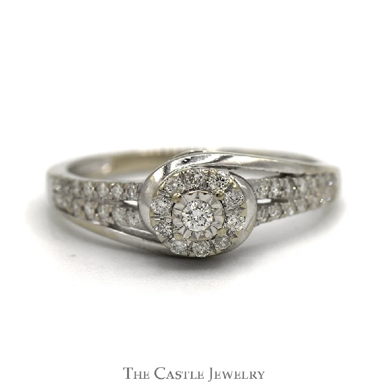 Antique Style Engagement Ring-Round Diamond Cluster Ring with Diamond Accented Sides in 10k White Gold Split Shank Swirled Setting