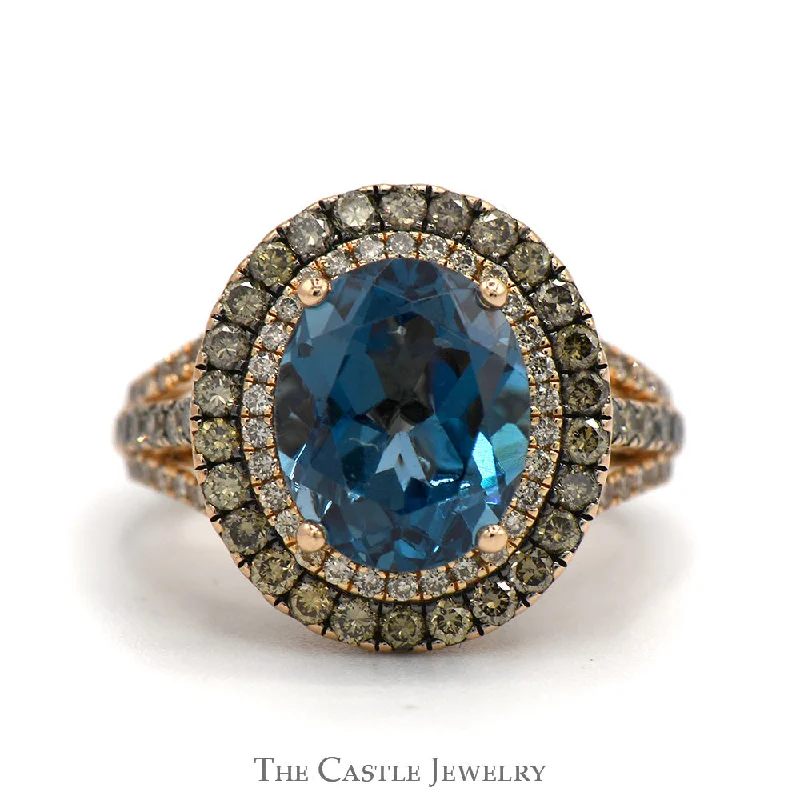 Promise Ring with Diamond-Oval Cut Blue Topaz Le Vian Designer Ring with Chocolate & White Diamond Halo in 14k Rose Gold