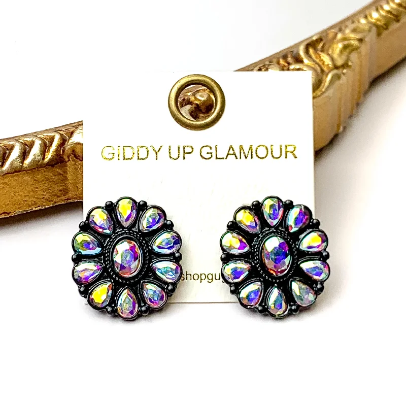 Gemstone Hoop Earrings-Prismatic Petal AB Stone Flower Concho Stud Earrings in Black