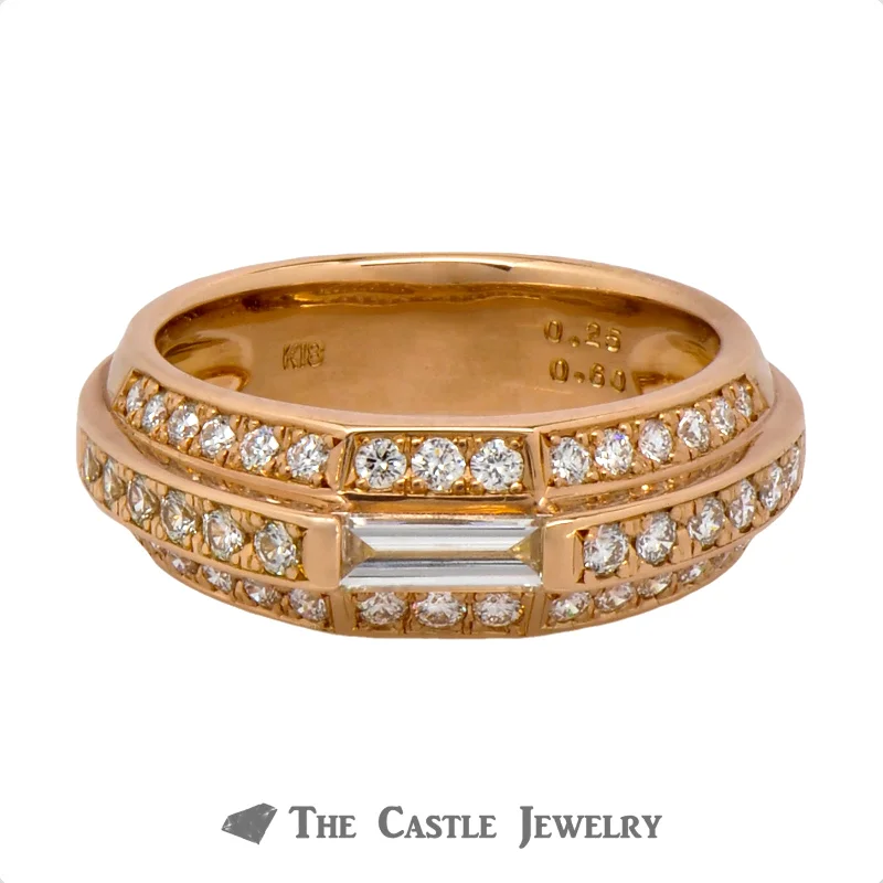 Gold Wedding Band with Rubies-3 Row Baguette & Round Diamond Band in 18k Rose Gold