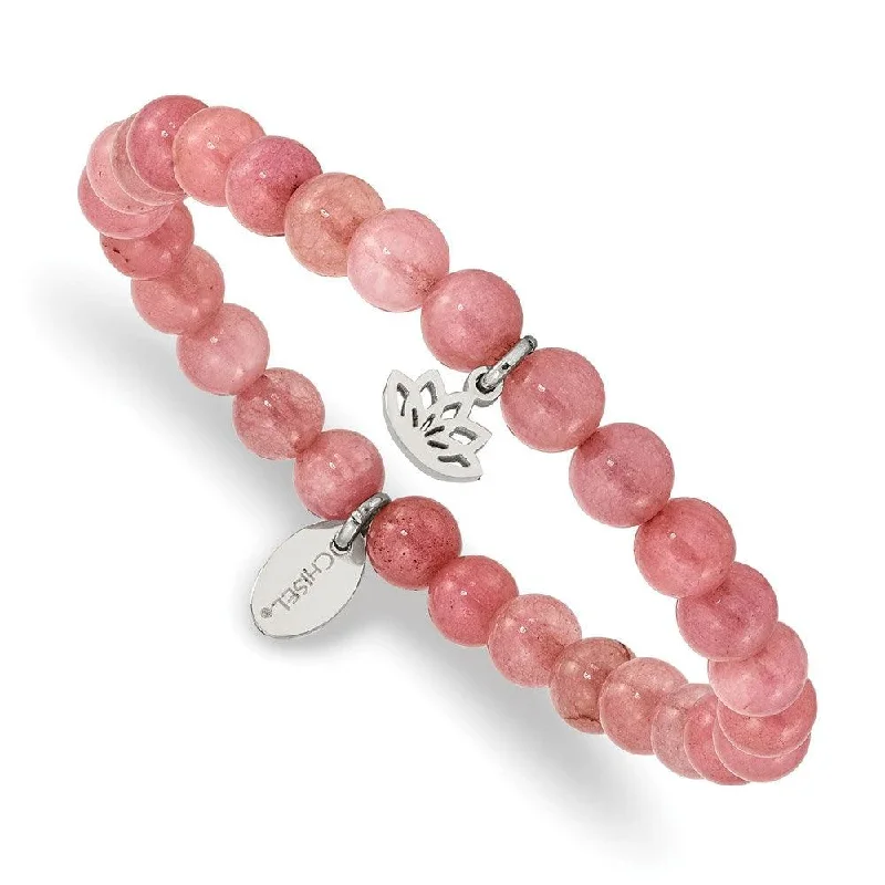 Classic Wedding Bracelet with Diamonds-Stainless Steel Polished Lotus Pink Jade Beaded Stretch Bracelet