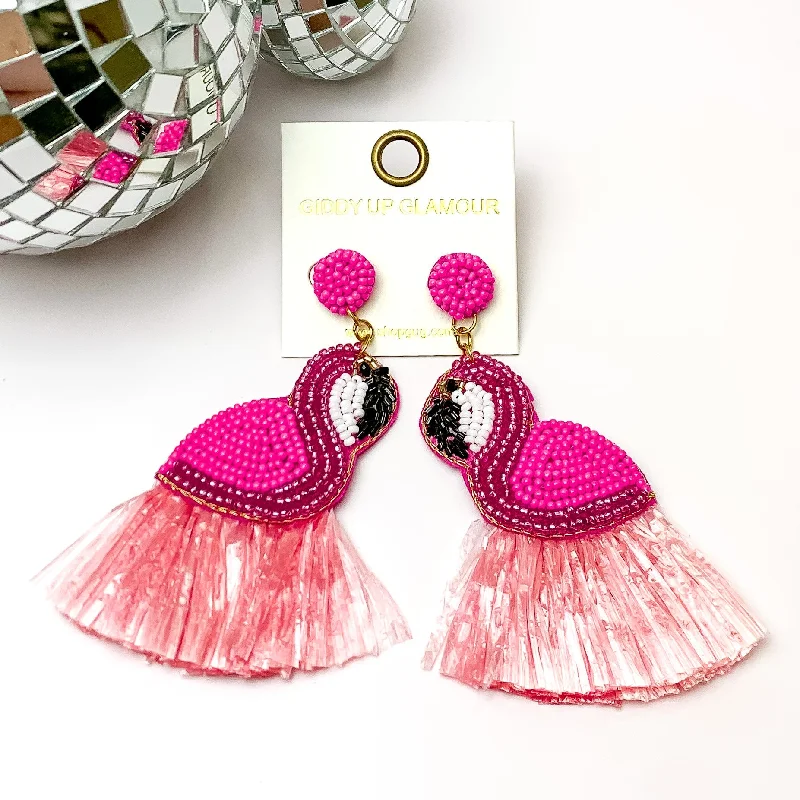 Trendy Dangle Earrings-Statement Pink Flamingo Earrings with Pink Fringe