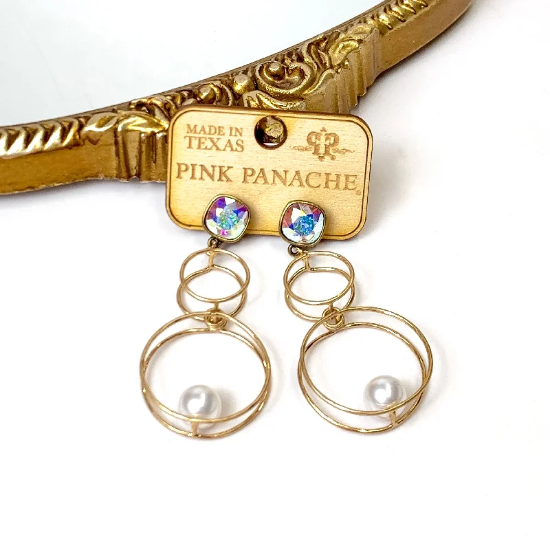 Wedding Earrings with Pearls-Pink Panache | Double Trouble Circle Drop Earrings with AB Cushion Cut Posts and Pearl Accents